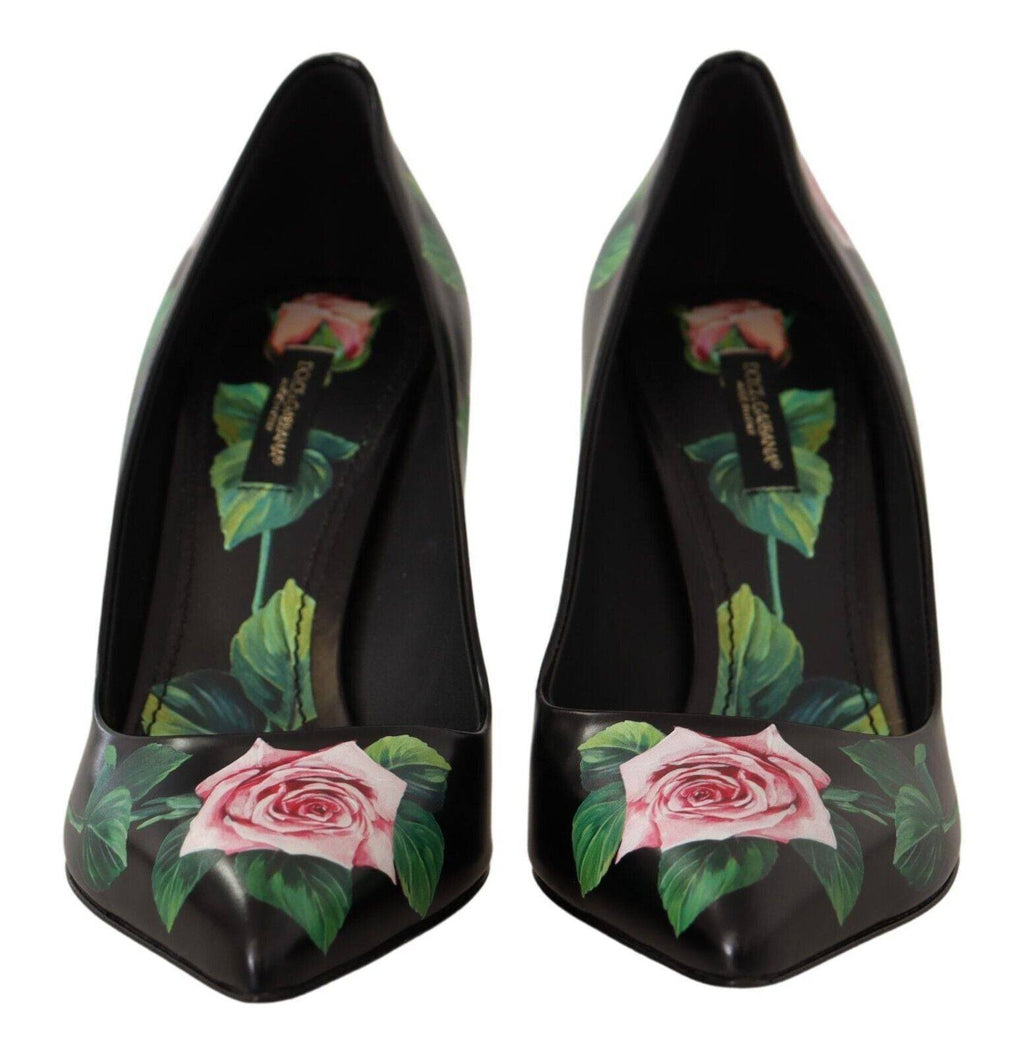 Escarpins en cuir noir Dolce & Gabbana avec détails de roses, talons hauts élégants, pour femme.