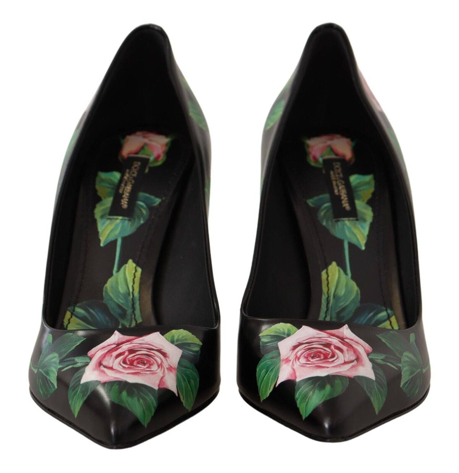 Escarpins en cuir noir Dolce & Gabbana avec détails de roses, talons hauts élégants, pour femme.