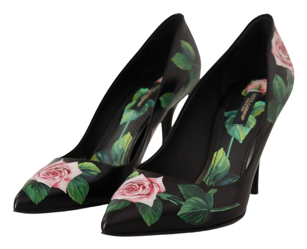 Chaussures à talons hauts Dolce & Gabbana en cuir noir avec roses décoratives, élégantes et sophistiquées pour femme.