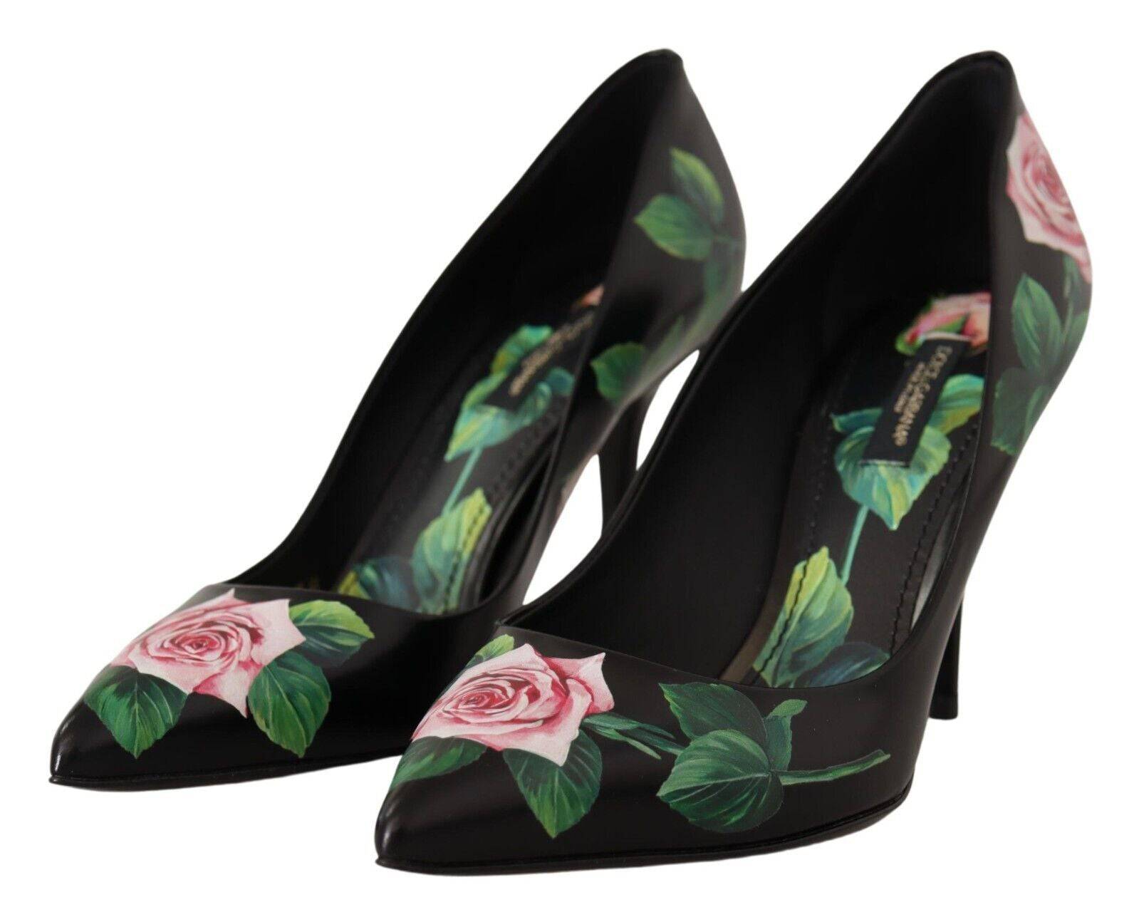 Chaussures à talons hauts Dolce & Gabbana en cuir noir avec roses décoratives, élégantes et sophistiquées pour femme.