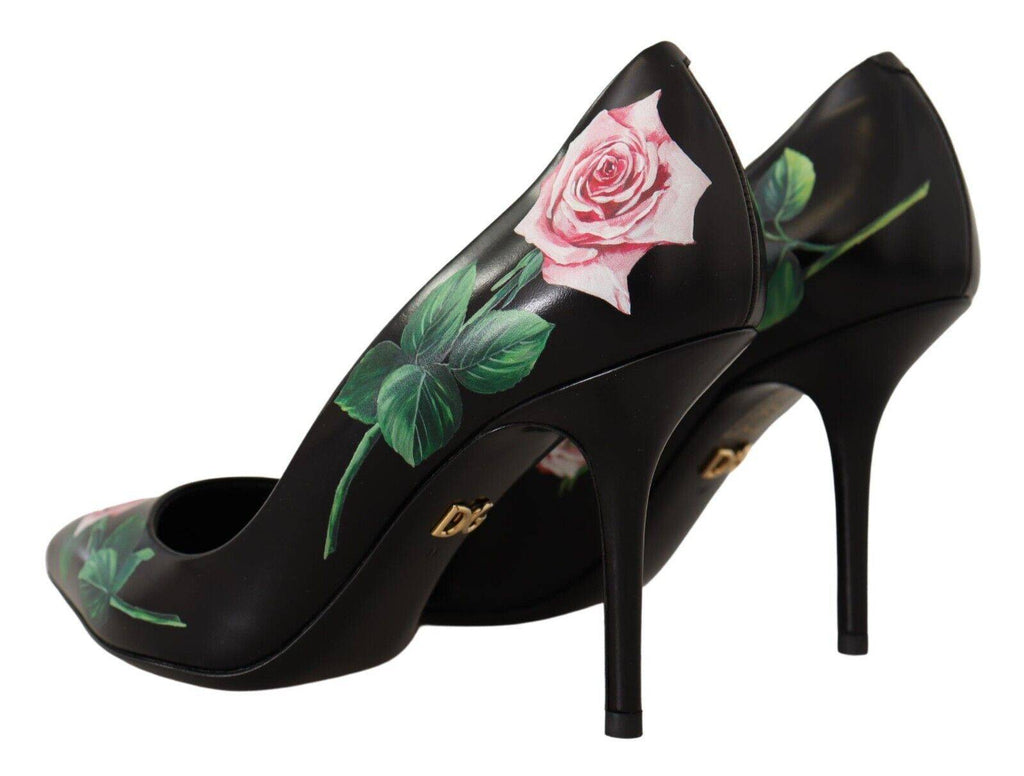 Chaussures à talons noirs en cuir avec roses pour femmes de Dolce & Gabbana, élégantes et sophistiquées.
