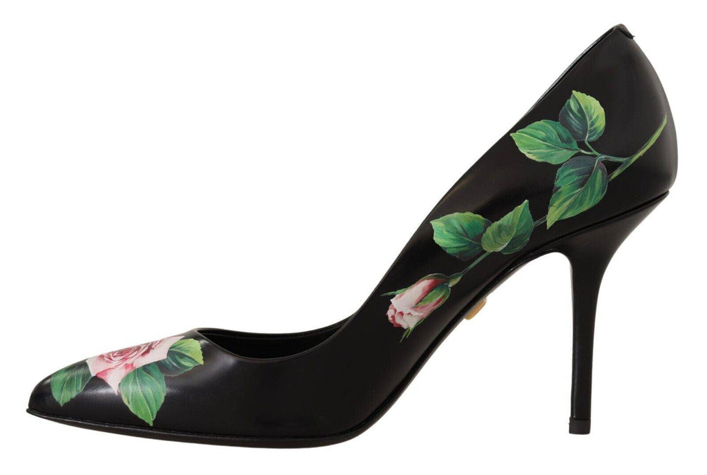 Chaussures à talons hauts Dolce & Gabbana en cuir noir avec roses, élégantes et sophistiquées pour femmes.
