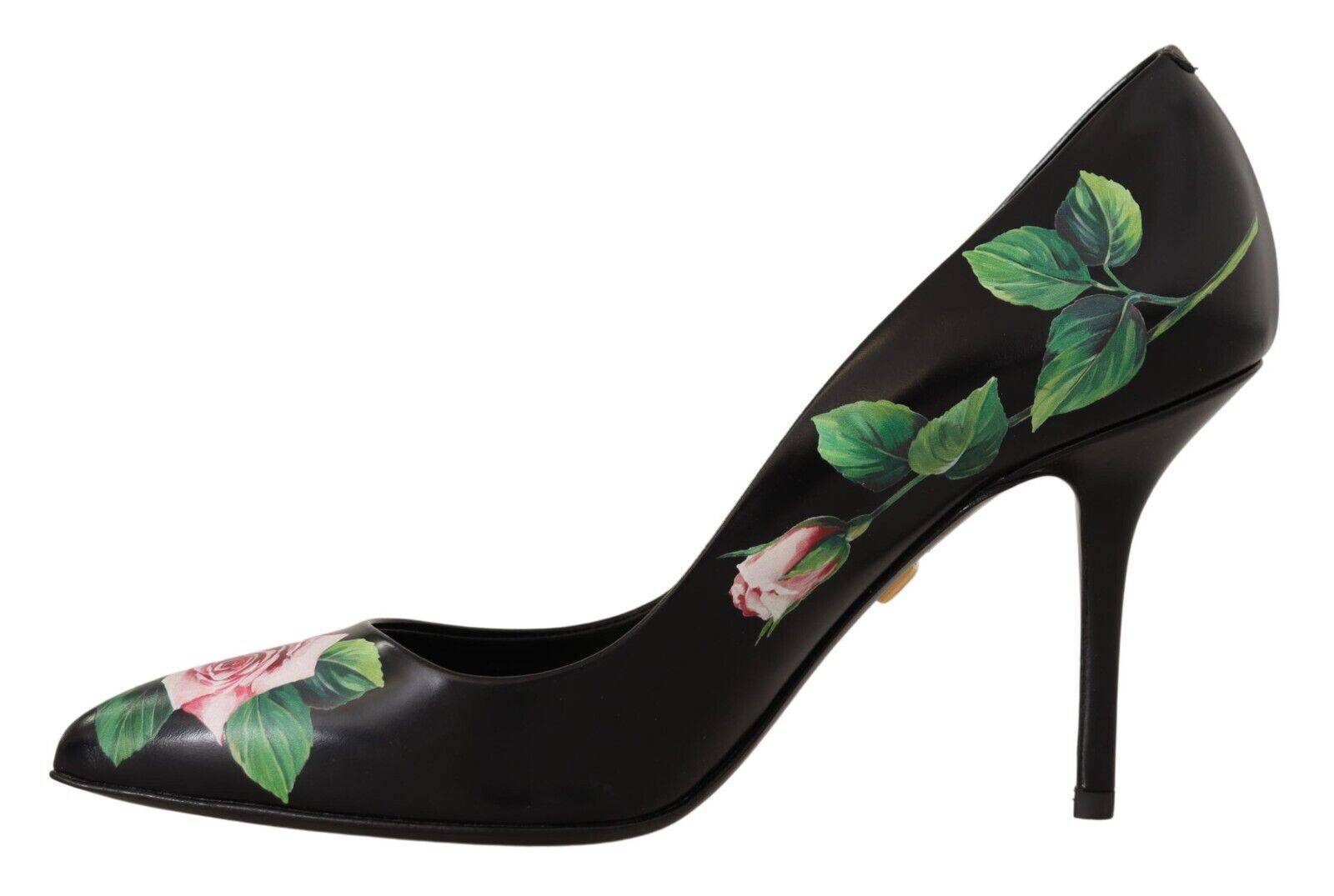 Chaussures à talons hauts Dolce & Gabbana en cuir noir avec roses, élégantes et sophistiquées pour femmes.