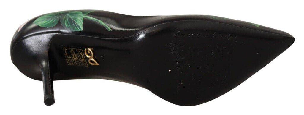 Escarpins noirs en cuir avec roses de Dolce & Gabbana, chaussures à talons élégantes pour femme.
