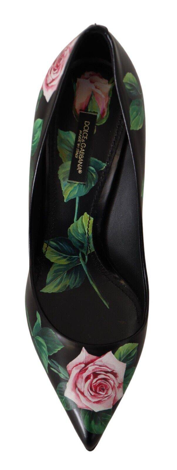 Chaussures à talons hauts Dolce & Gabbana en cuir noir avec roses, élégantes et sophistiquées, vues de face.
