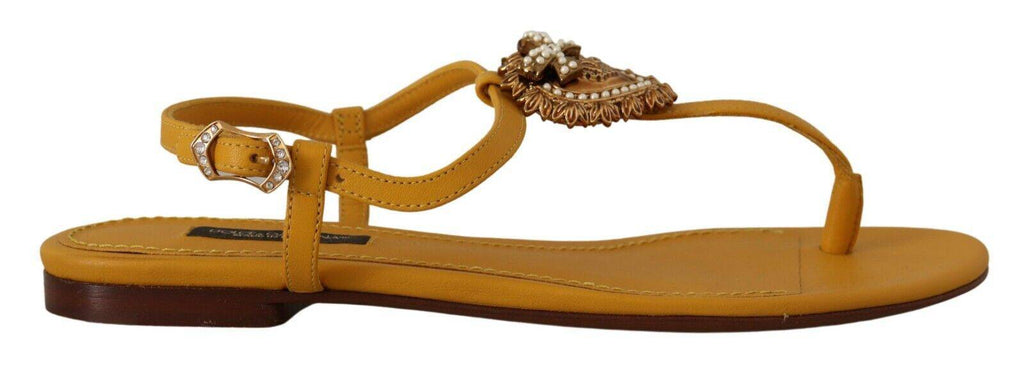 Sandales plates en cuir jaune moutarde Dolce & Gabbana Devotion, chaussures élégantes et confortables pour femmes.