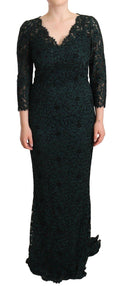 Robe longue en dentelle florale verte de Dolce & Gabbana, robe maxi élégante pour occasions spéciales.