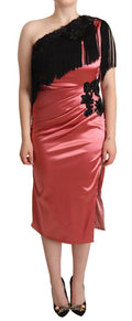 Robe longue rose en soie à une épaule avec franges et glands, design élégant de Dolce & Gabbana, vue de face.