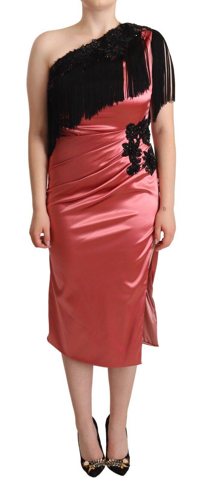 Robe longue rose en soie à une épaule avec franges et glands, design élégant de Dolce & Gabbana, vue de face.