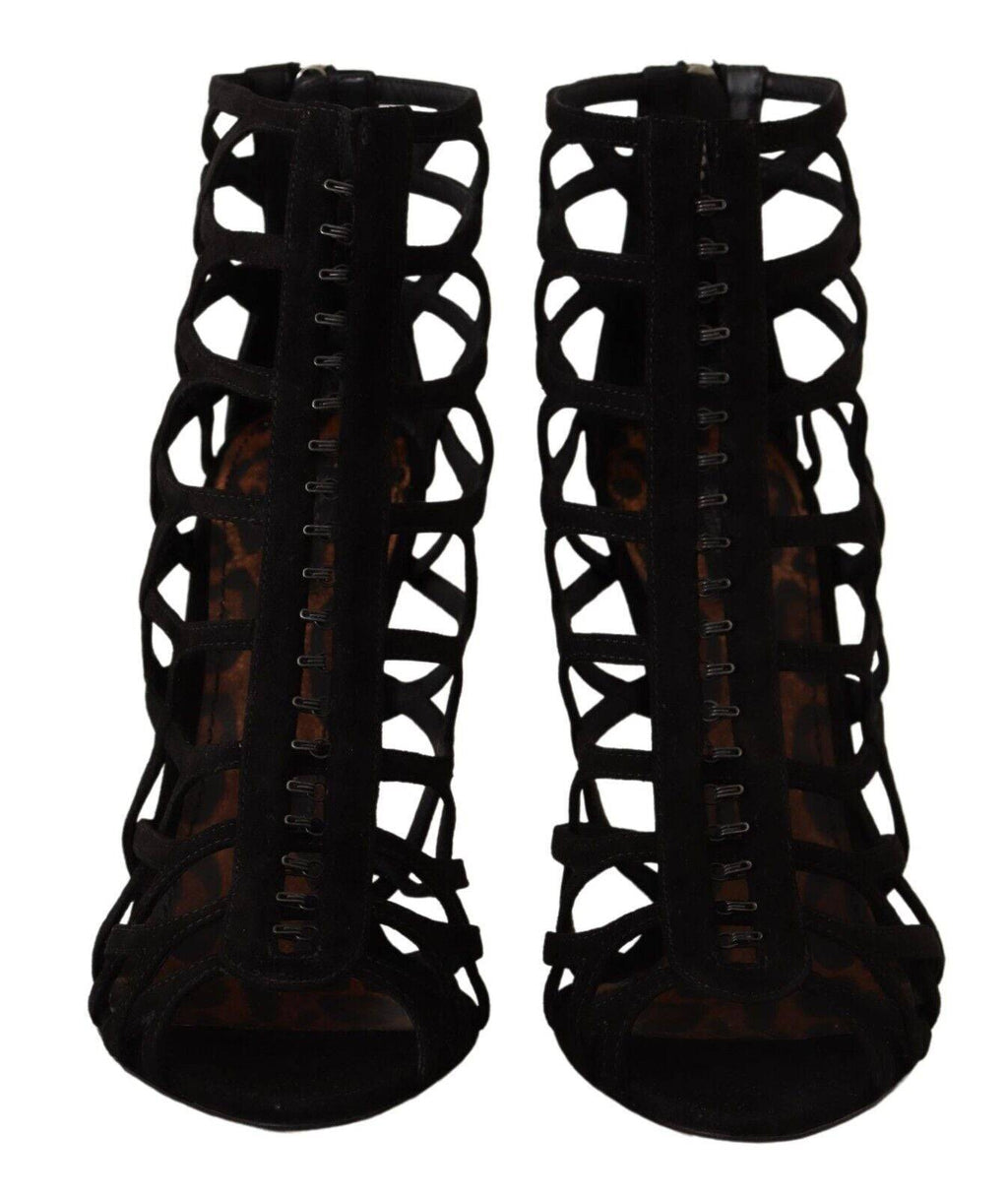 Chaussures à talons stilettos en daim noir Dolce & Gabbana Bette Sandales, visible avec talons hauts et finitions élégantes.