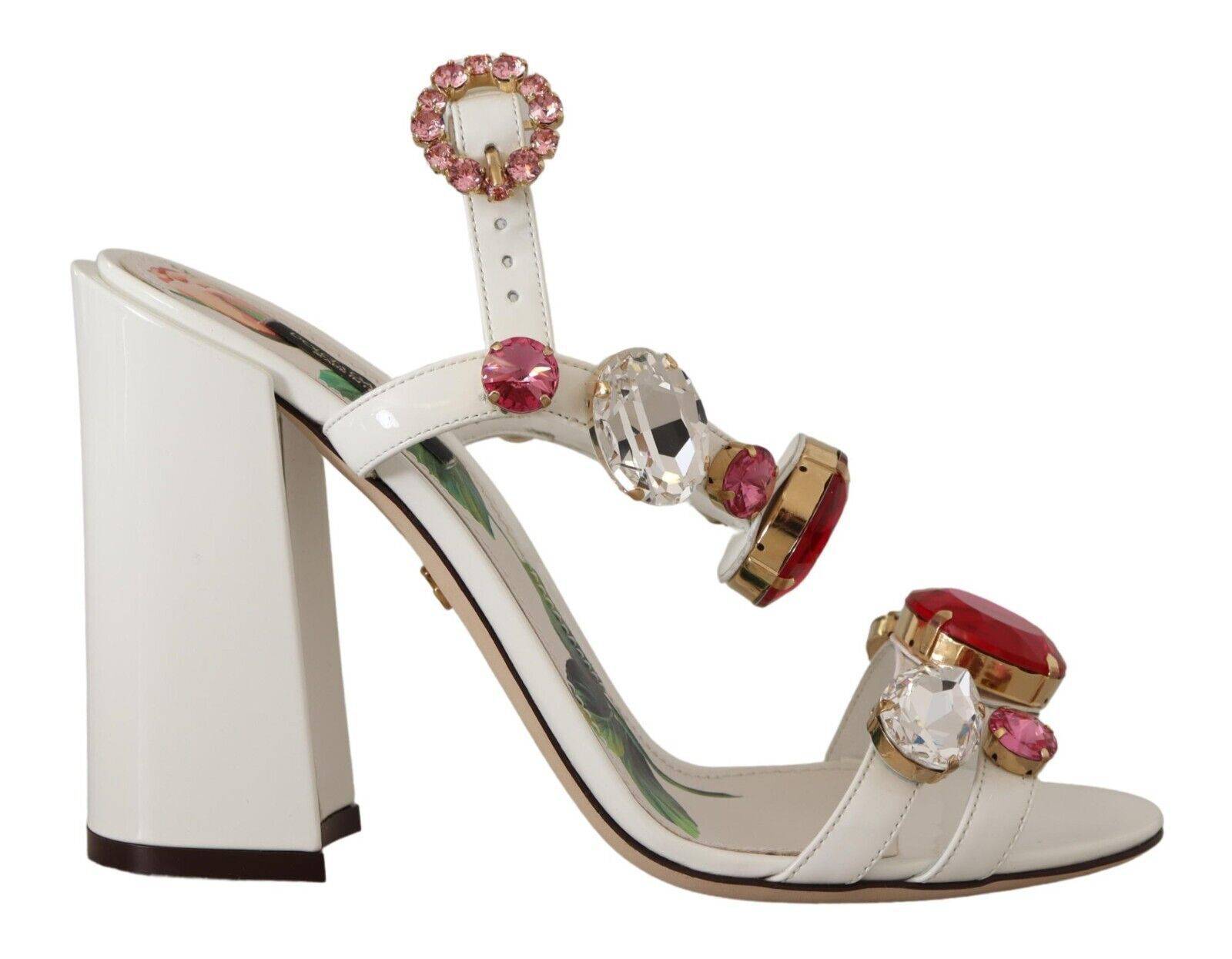 Sandales à talons Dolce & Gabbana Keira en cuir blanc avec cristaux, chaussures élégantes et sophistiquées.