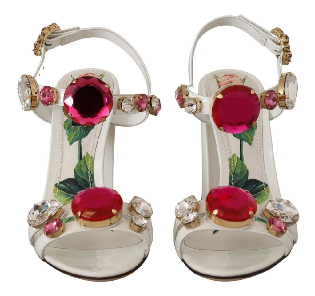 Sandales à talons en cuir blanc Dolce & Gabbana Keira avec cristaux, chaussures élégantes pour femmes.