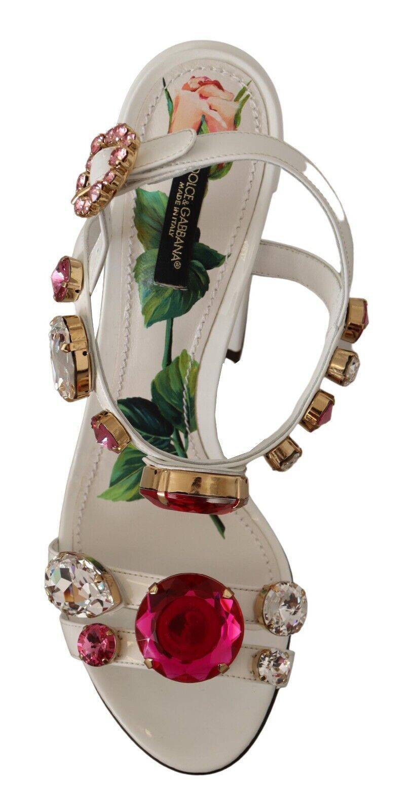 Sandales à talons Dolce & Gabbana Keira en cuir blanc avec cristaux, vue de face.