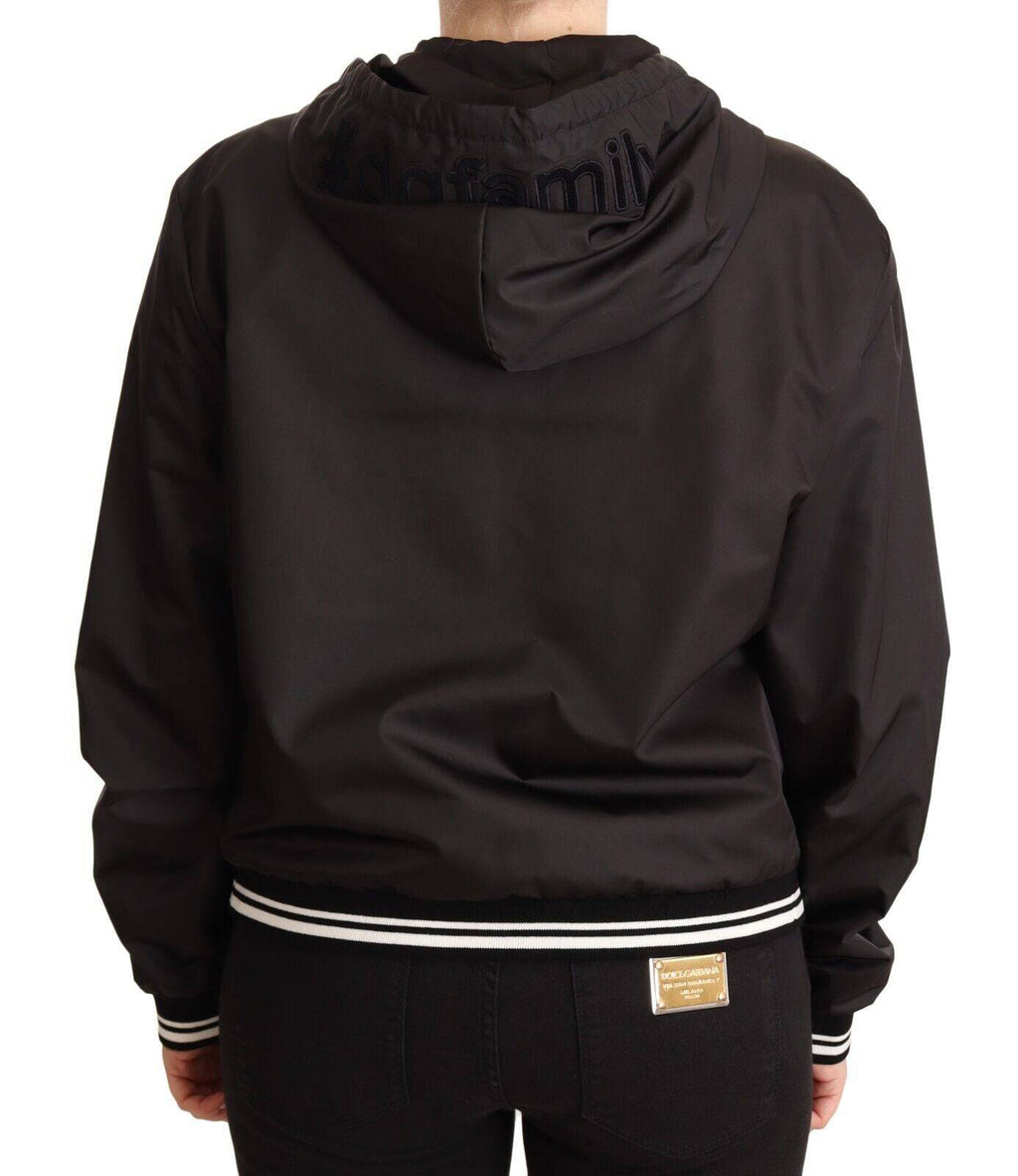 Veste bomber noire en polyester avec capuche zippée de Dolce & Gabbana, look décontracté et élégant.
