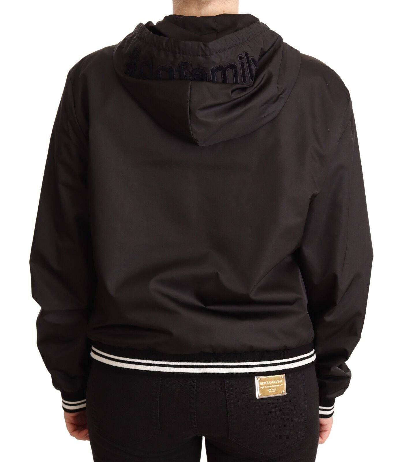 Veste bomber noire en polyester avec capuche zippée de Dolce & Gabbana, look décontracté et élégant.