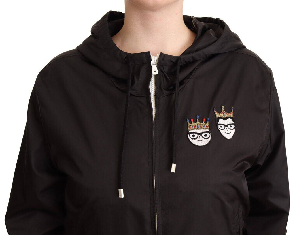 Veste bomber noire en polyester avec capuche et fermeture éclair complète, Dolce & Gabbana, style urbain et moderne.