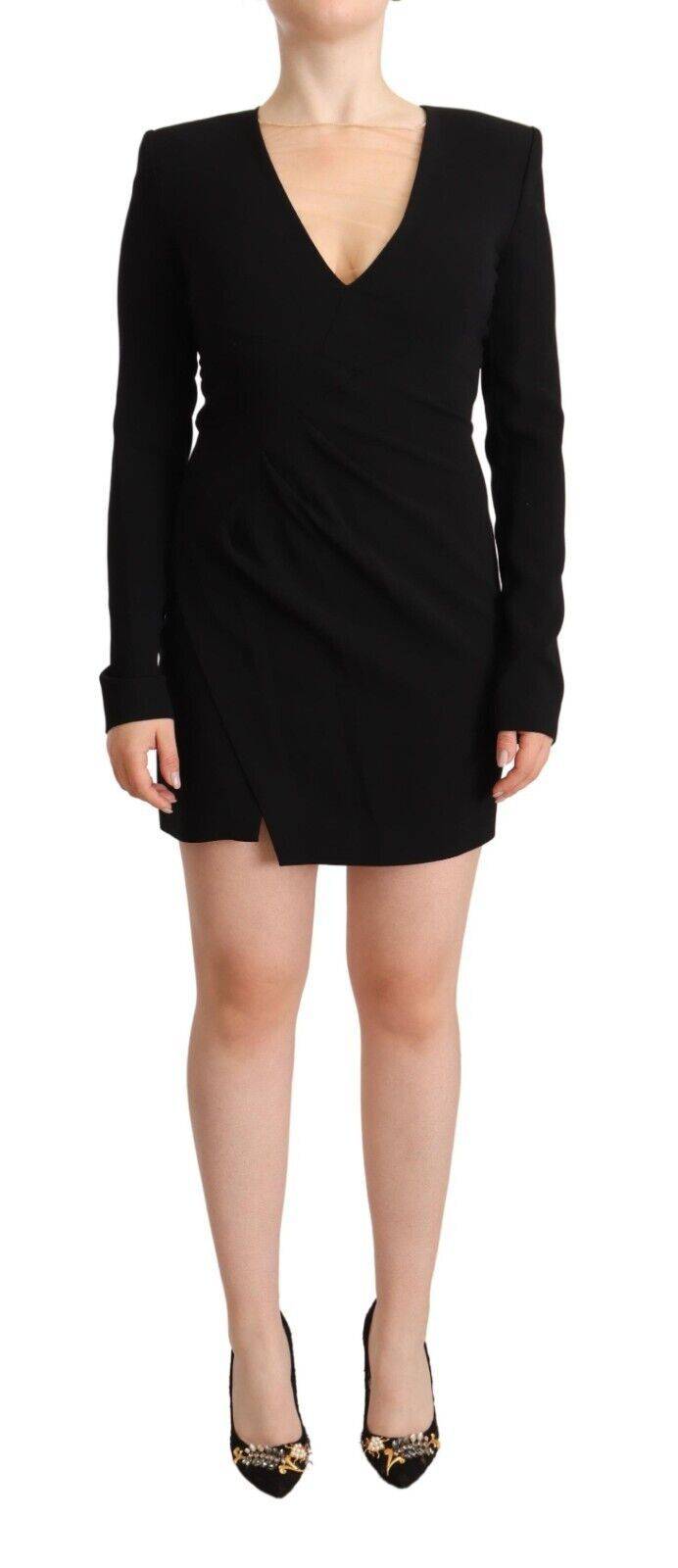 Robe courte noire à manches longues et décolleté en V profond de Dsquared², silhouette ajustée et élégante.