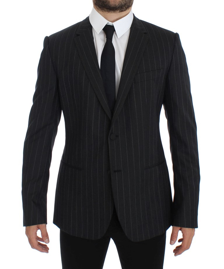 Blazer en laine gris à rayures slim fit de Dolce & Gabbana, veste élégante pour homme avec coupe ajustée.