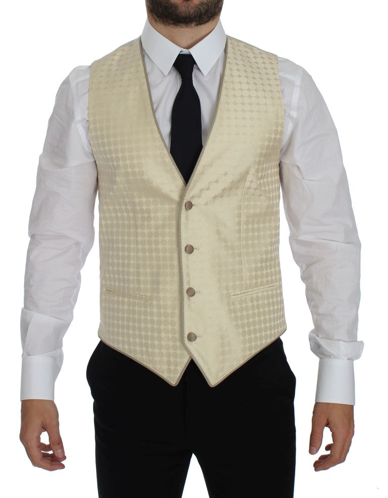 Veste deux pièces en soie beige à pois Dolce & Gabbana, avec blazer élégante et pantalon assorti.