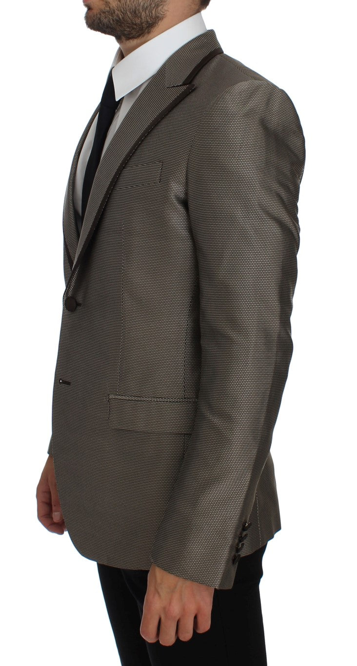Blazer marron en soie Dolce & Gabbana, coupe slim fit, deux boutons, élégance masculine et finition raffinée.