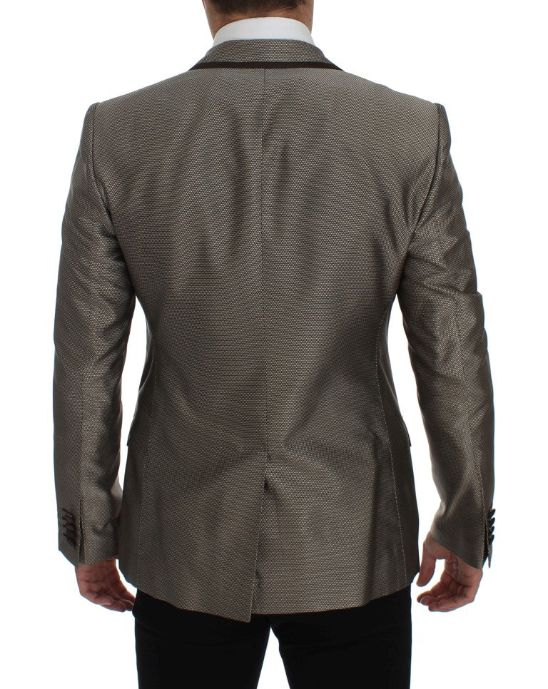 Costume en soie marron Dolce & Gabbana, blazer slim fit à deux boutons, élégant et sophistiqué.