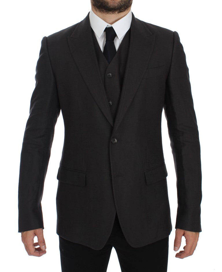 Blazer en lin gris Dolce & Gabbana, coupe slim fit, veste élégante pour homme, détail de couture visible.