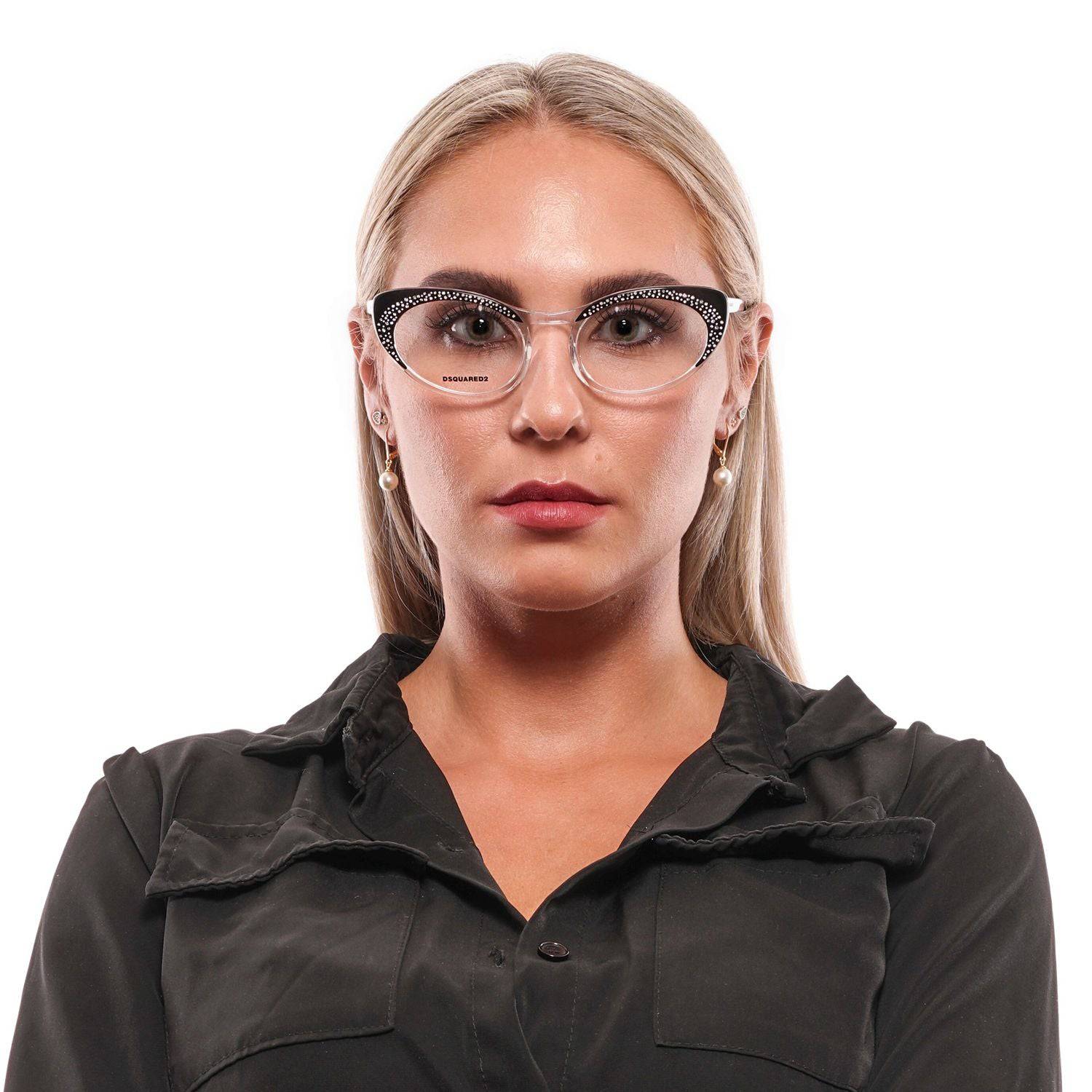 Lunettes pour femmes Dsquared² noires avec monture élégante, vues de face, mettant en valeur le style moderne et sophistiqué.