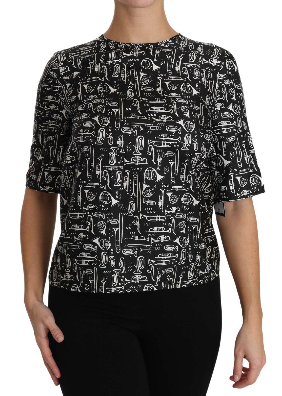 Chemise en soie noire Dolce & Gabbana avec impression d'instruments de musique, élégante et sophistiquée.