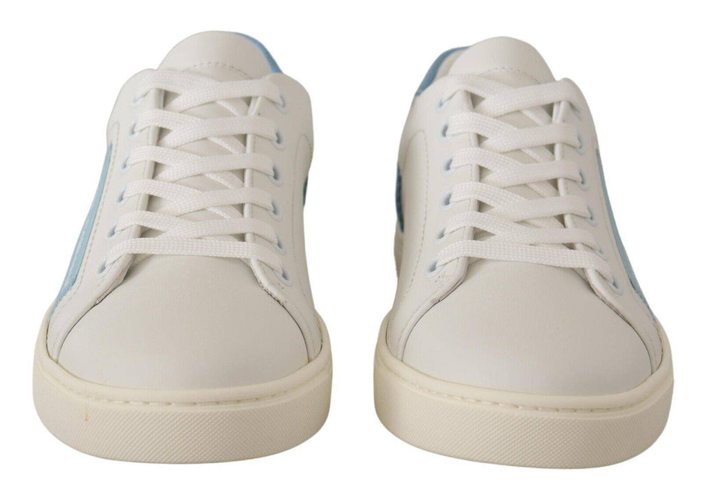 Chaussures sneakers basses en cuir blanc et bleu de Dolce & Gabbana, chaussures de sport élégantes pour homme.