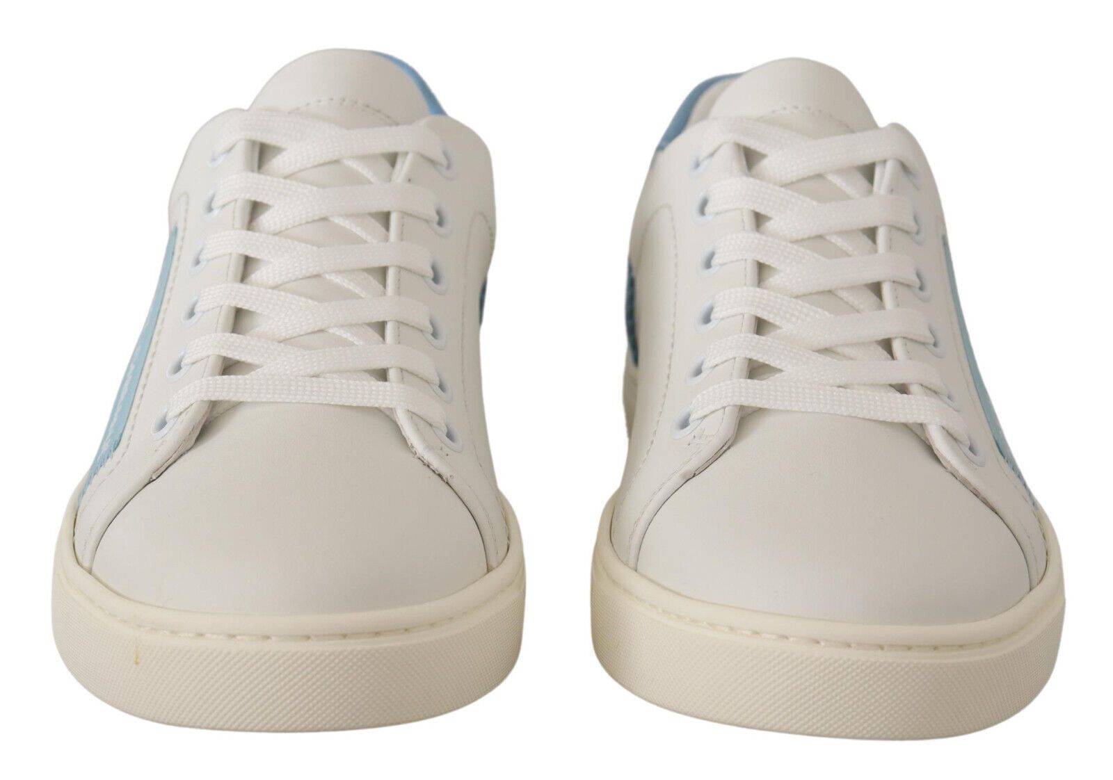 Chaussures sneakers basses en cuir blanc et bleu de Dolce & Gabbana, chaussures de sport élégantes pour homme.