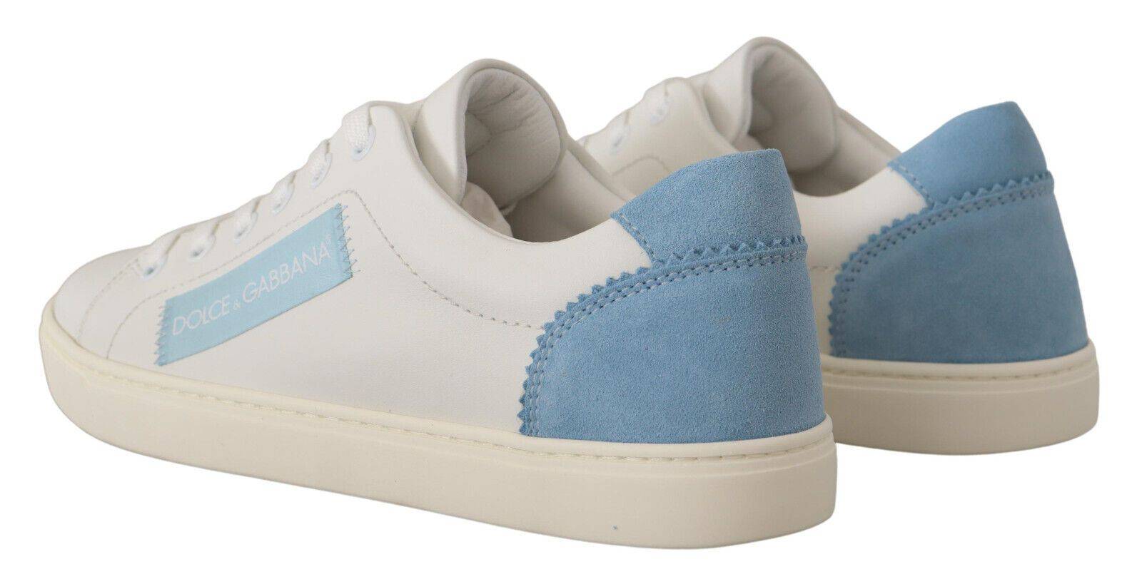 Chaussures basses en cuir blanc et bleu Dolce & Gabbana, sneakers élégants pour homme avec design contemporain.