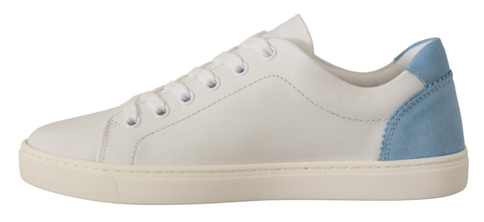 Chaussures basses en cuir blanc et bleu de Dolce & Gabbana, sneakers élégants pour homme ou femme.