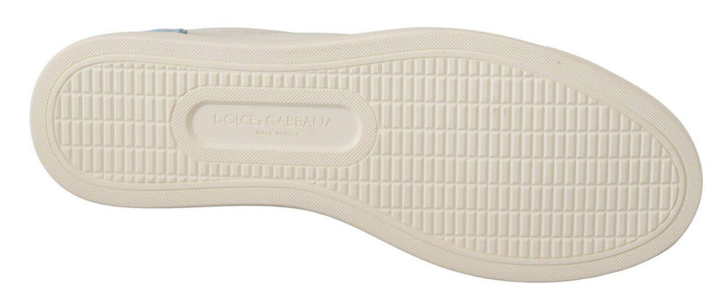 Chaussures basses en cuir blanc et bleu Dolce & Gabbana, sneakers élégants pour homme avec design moderne.