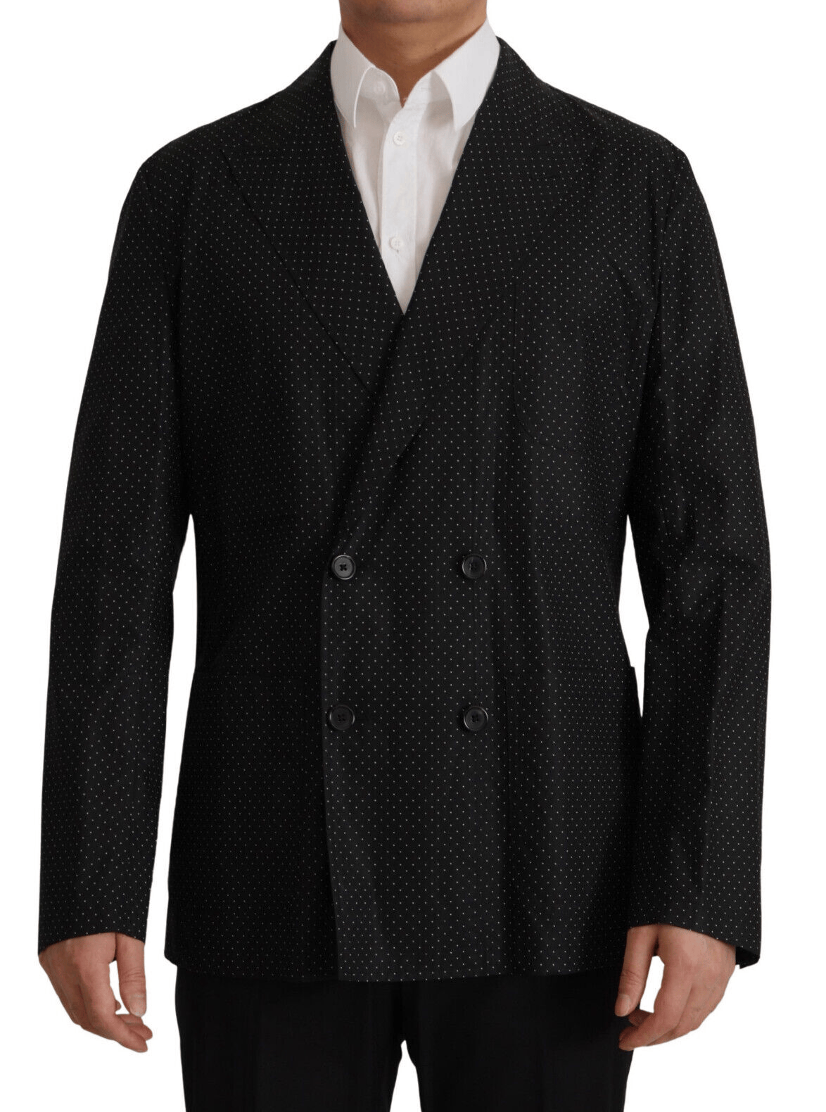 Veste blazer en coton noir à pois blancs de Dolce & Gabbana, élégante et moderne, portée sur un mannequin.