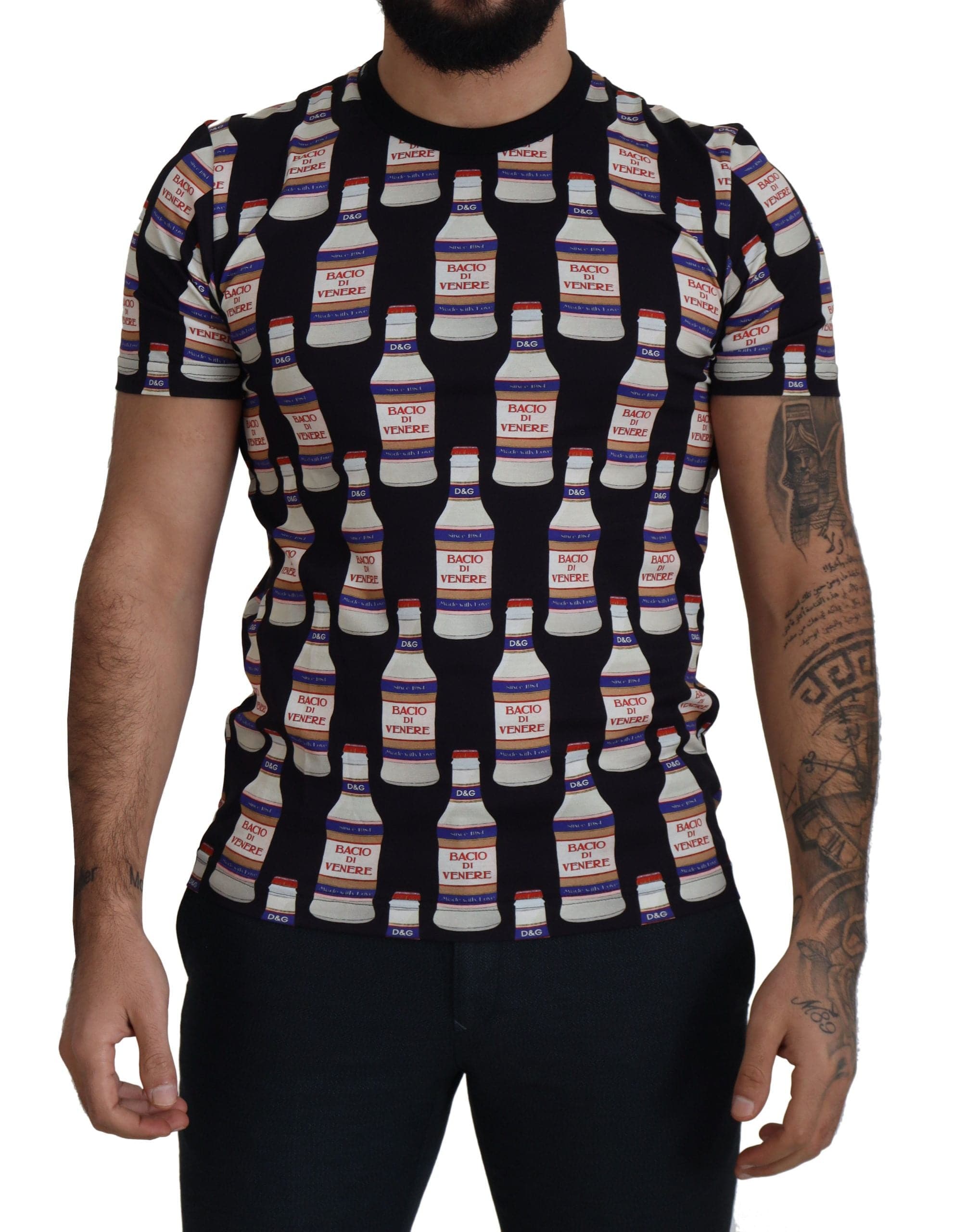 T-shirt en coton noir Dolce & Gabbana Bacio Di Venere avec logo brodé, vue de face, détail du col.