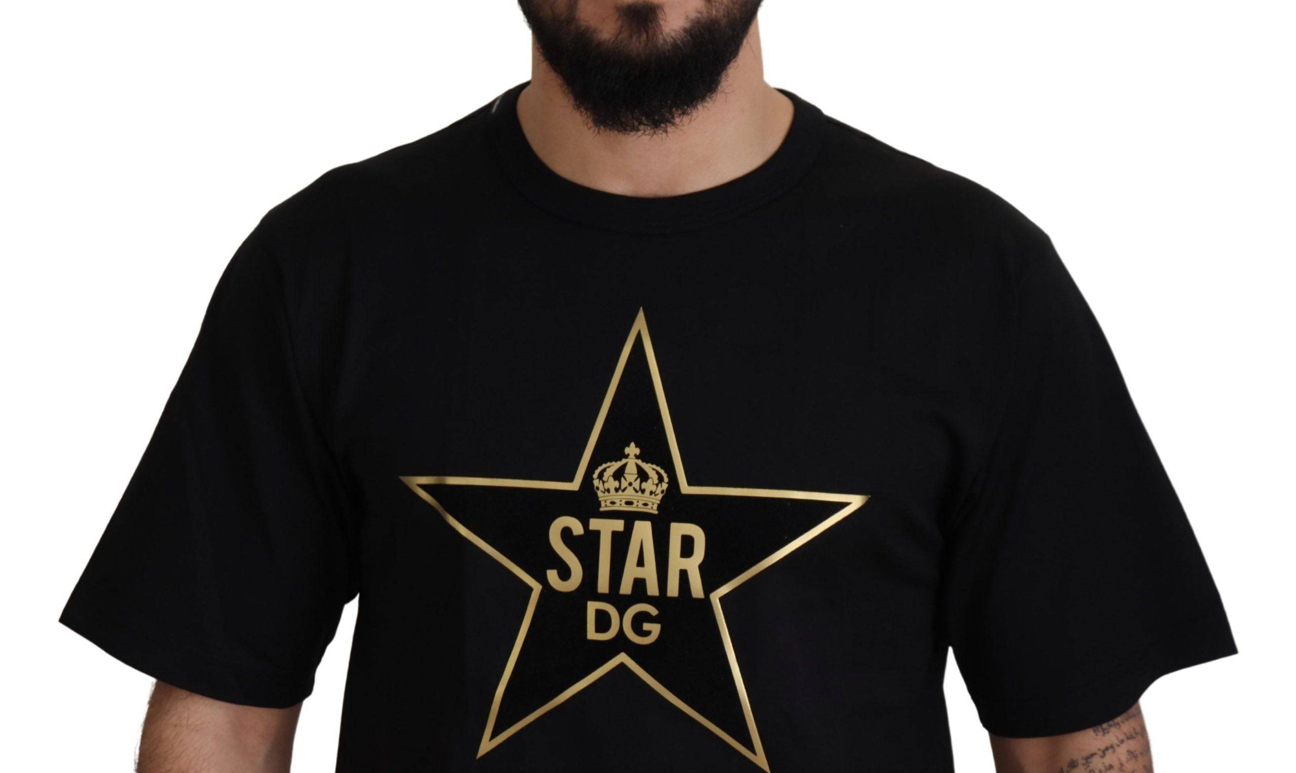T-shirt à col rond Dolce & Gabbana noir avec étoiles dorées et couronne en coton, design élégant et graphique.