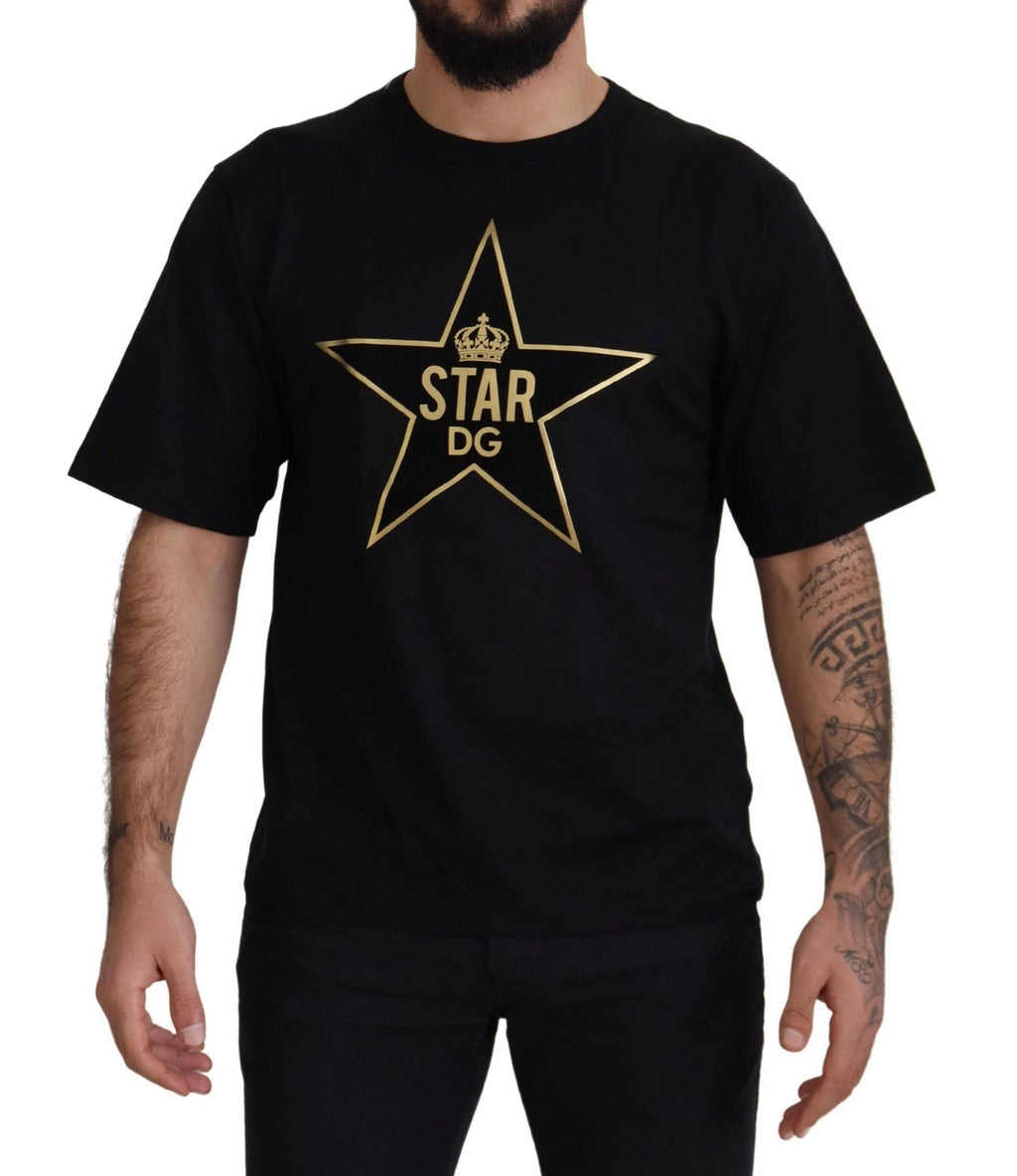 T-shirt noir Dolce & Gabbana en coton avec motif étoile dorée et couronne, coupe classique, vue de face.
