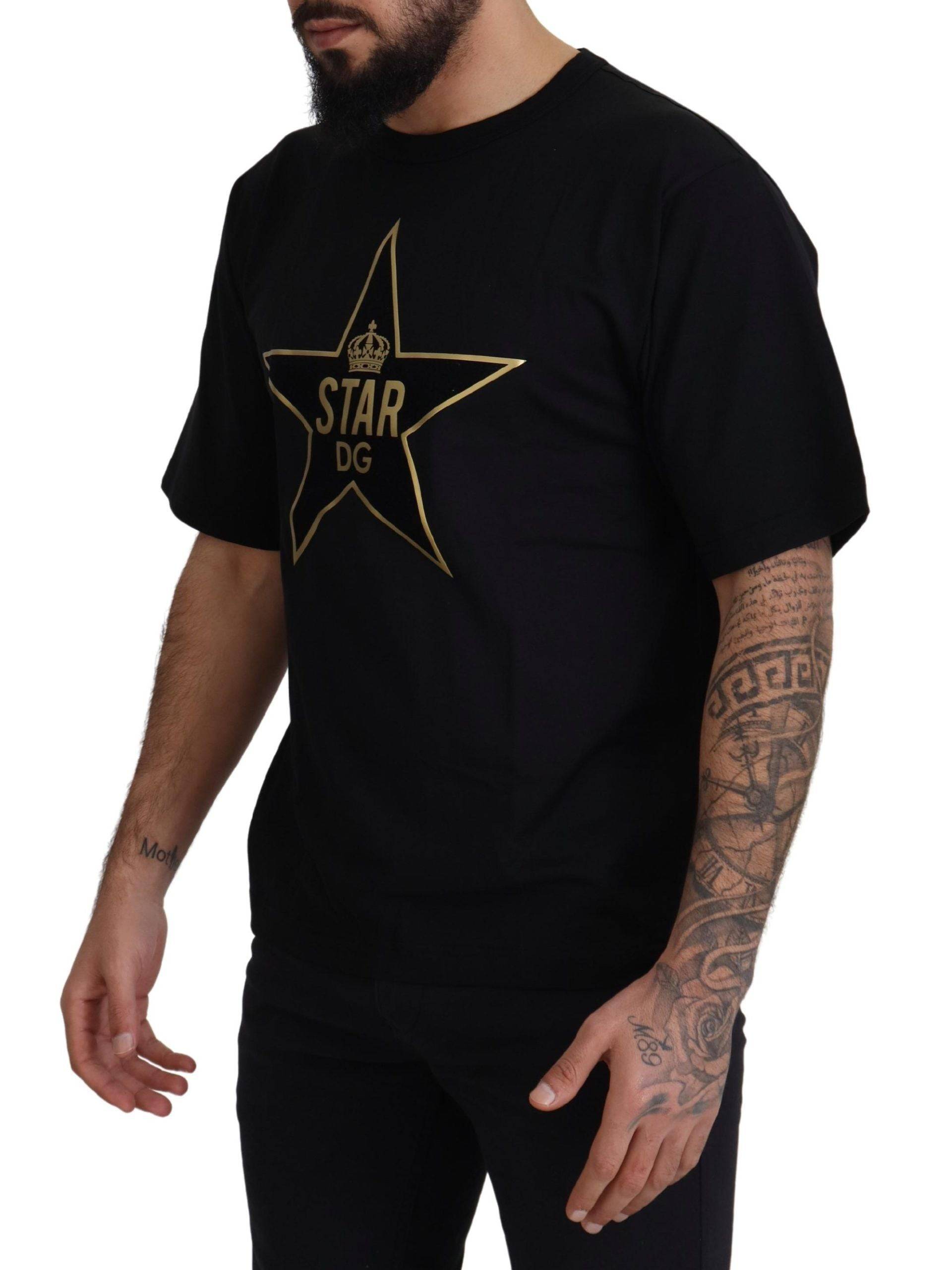 T-shirt homme Dolce & Gabbana noir avec étoile dorée et couronne, coton, col rond, design élégant.