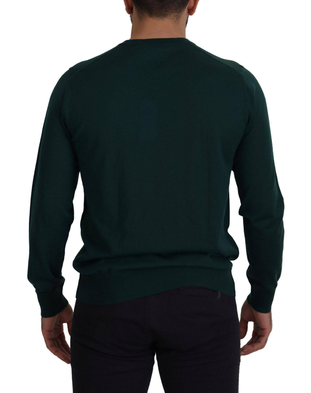 Pull en cachemire vert Dolce & Gabbana, col rond, texture douce et élégante, porté sur un mannequin.