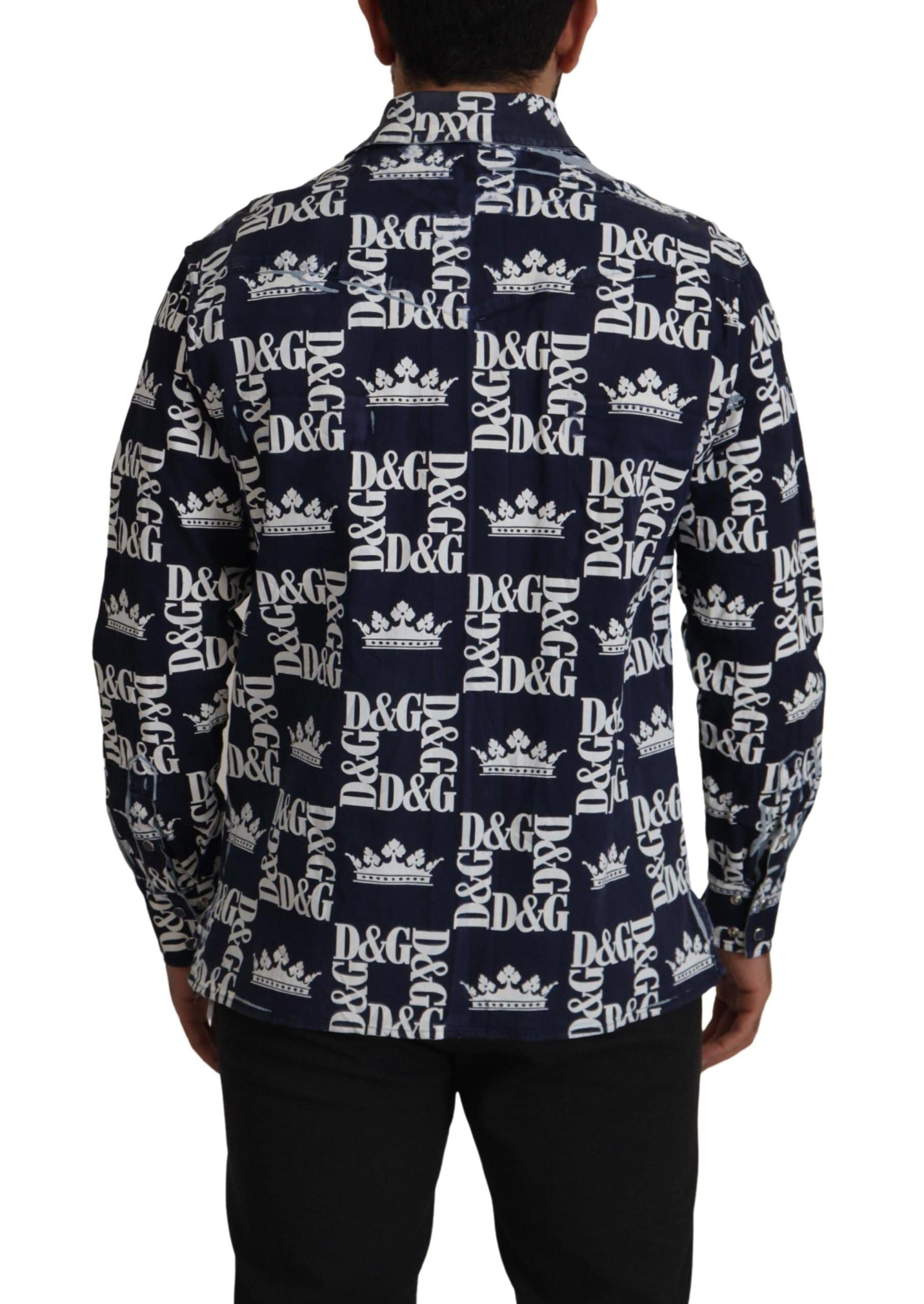 Chemise décontractée en jean bleu Dolce & Gabbana avec logo DG Crown, tissu stretch et style casual.