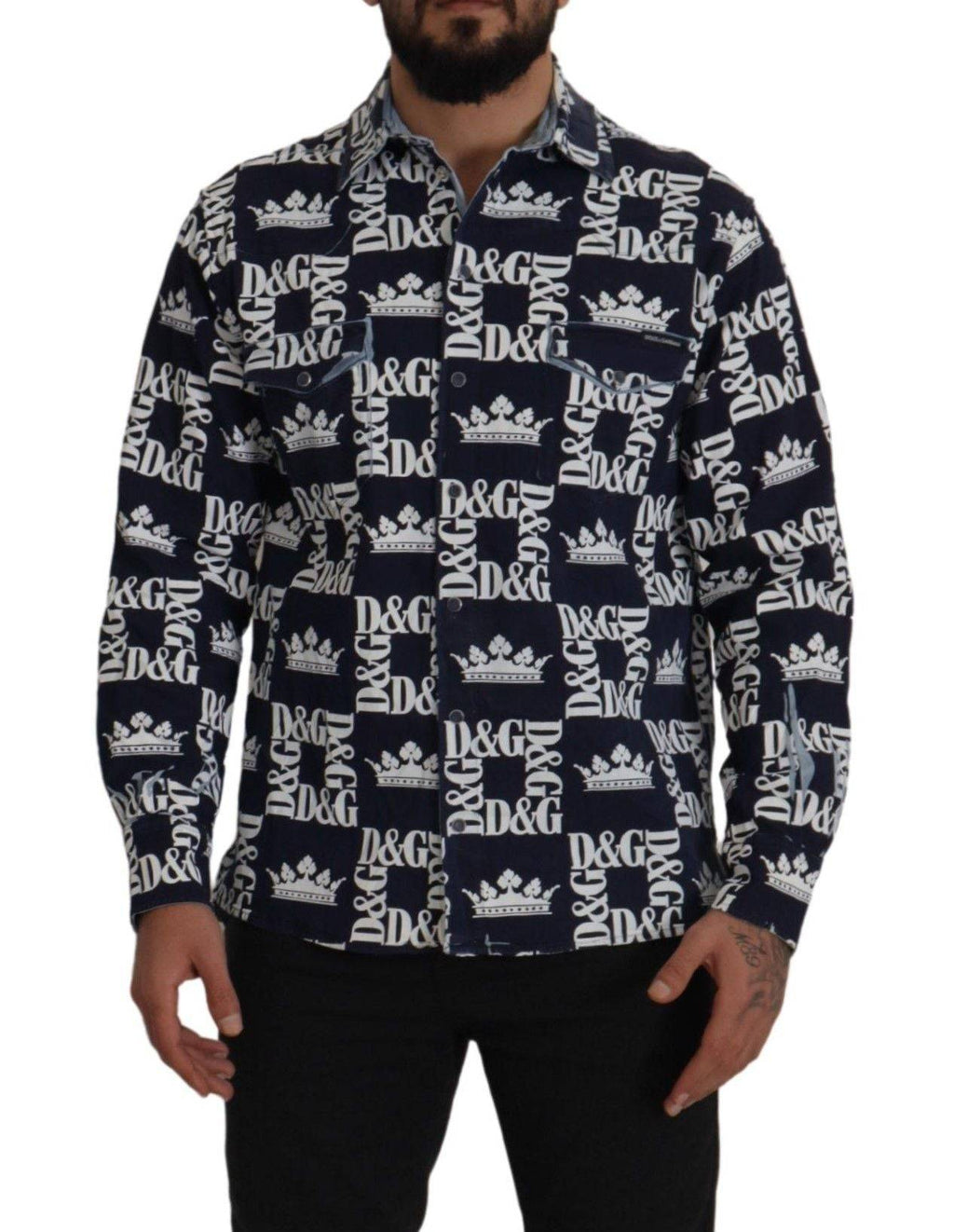 Chemise décontractée en denim bleu Dolce & Gabbana avec logo DG Crown, coupe stretch et style casual.