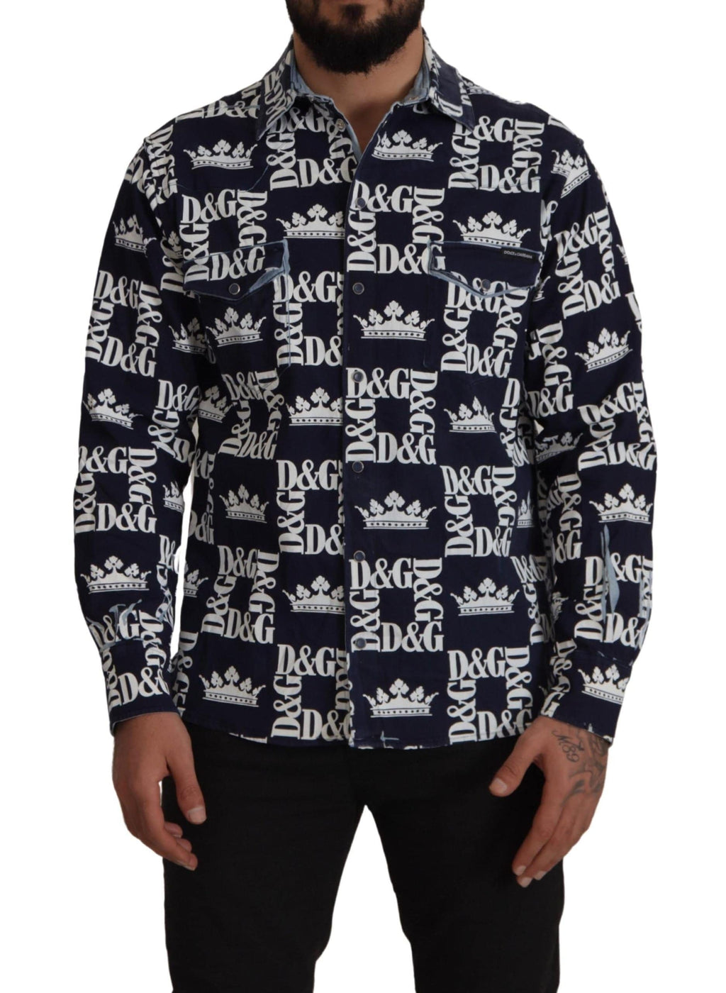 Chemise décontractée en jean bleu Dolce & Gabbana avec logo DG Crown, tissu extensible et style casual.