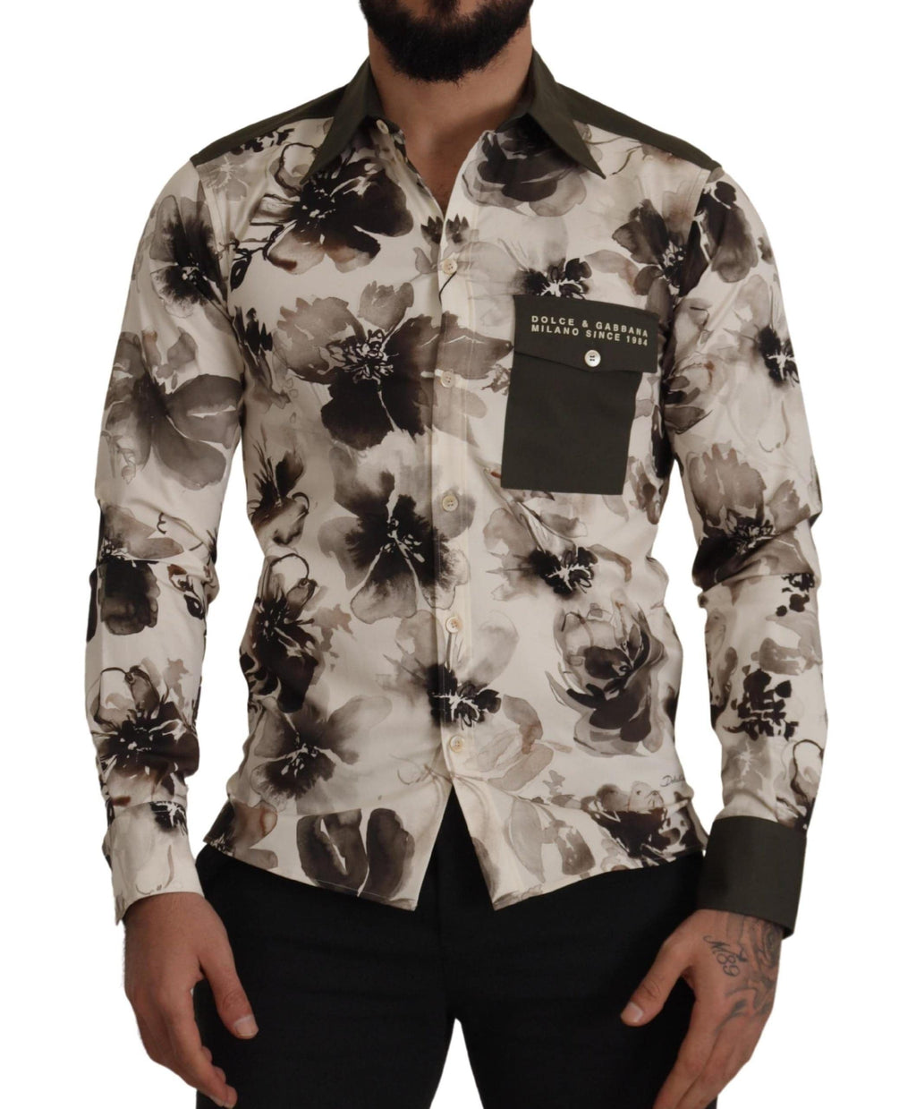 Chemise Dolce & Gabbana en coton stretch vert et beige avec motif floral, exclusive, visible sur l'image.