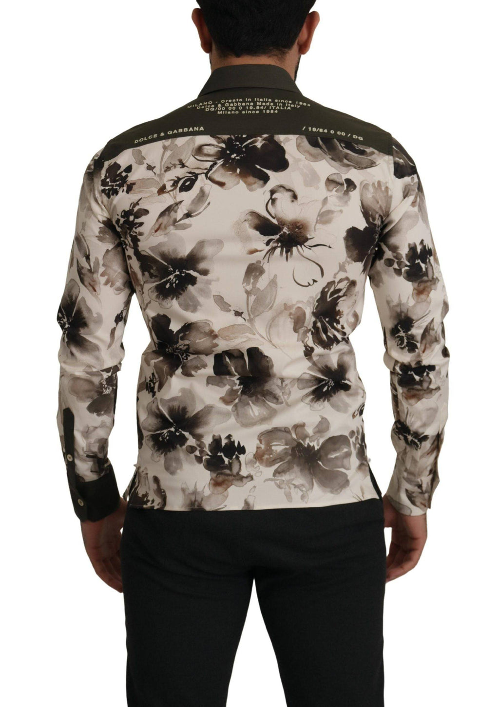 Chemise exclusive en coton stretch à fleurs vert beige de Dolce & Gabbana, motif floral élégant visible sur l’image.