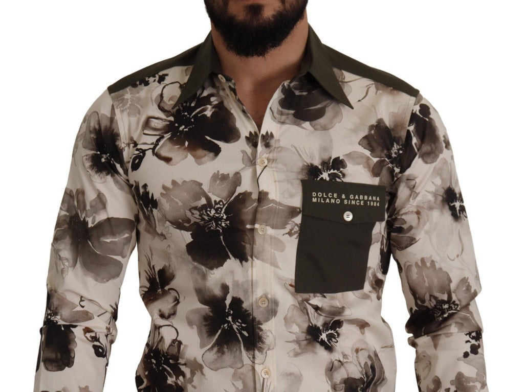 Chemise exclusive en coton stretch Dolce & Gabbana, motif floral vert et beige, élégante et sophistiquée.