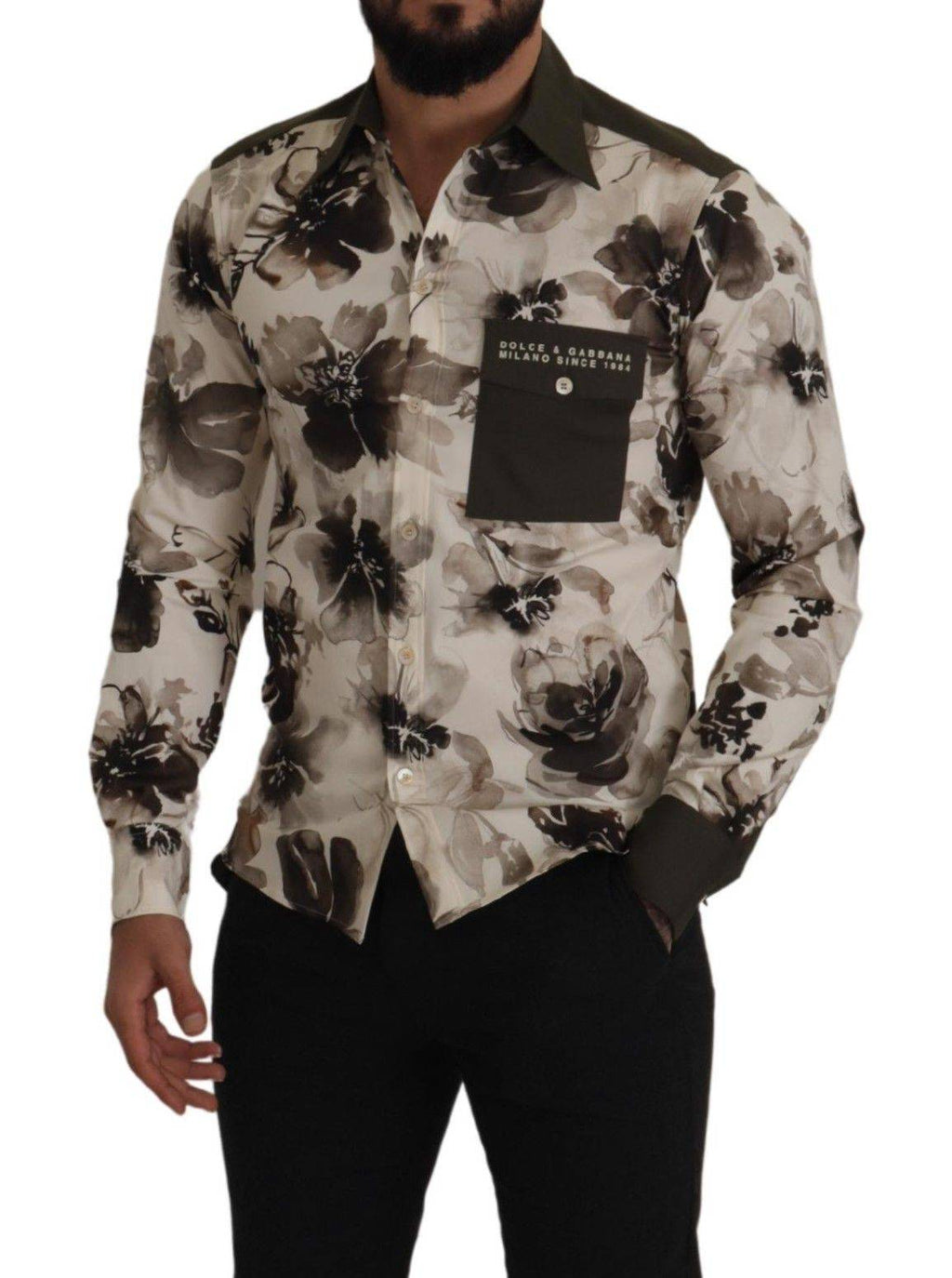 Chemise florale en coton stretch verte et beige de Dolce & Gabbana, style exclusif et élégant.
