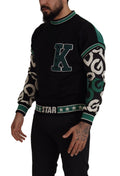 Pull à col rond Dolce & Gabbana en coton noir et vert avec motif étoile, style décontracté et moderne.