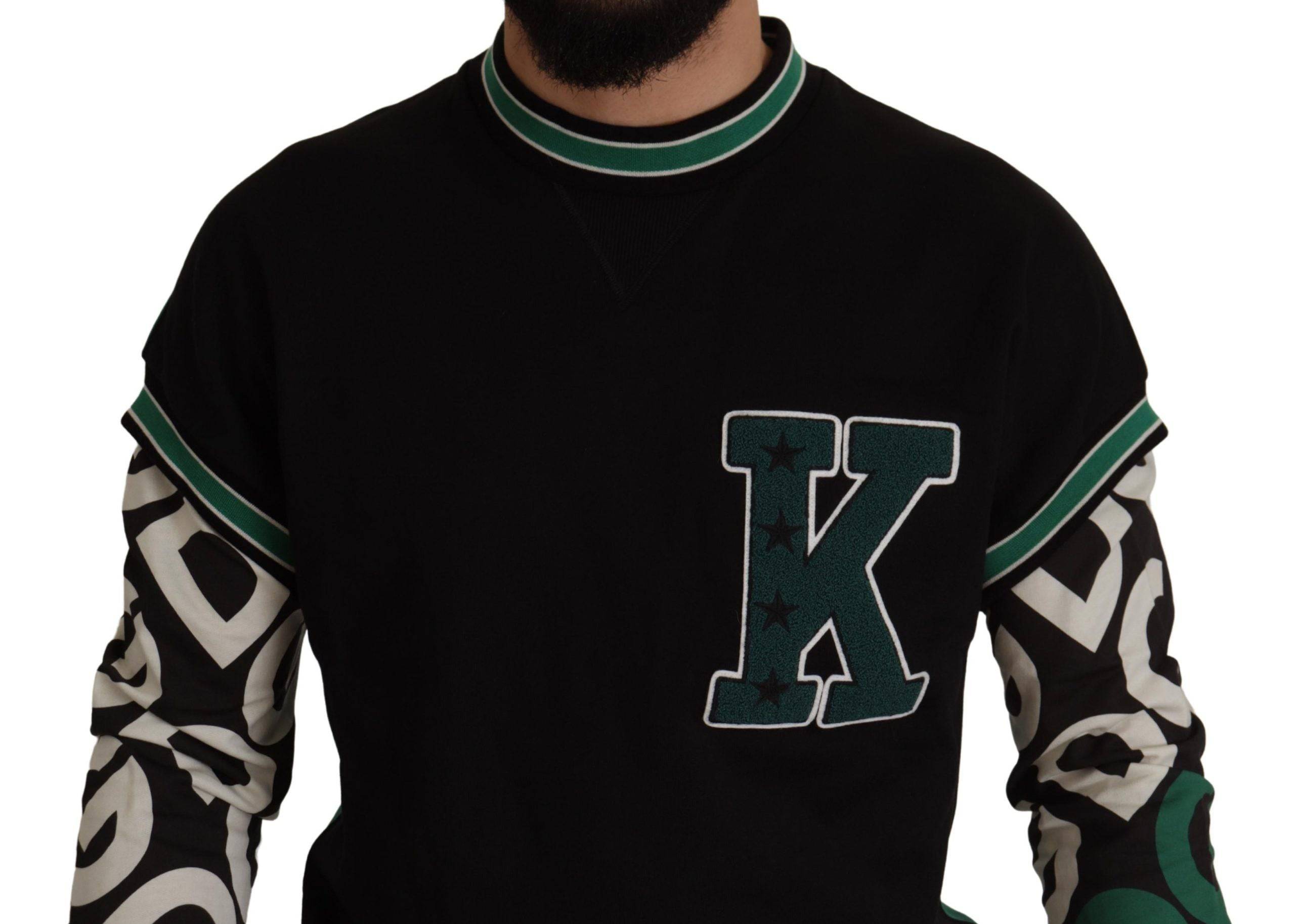 Pull en coton noir et vert Dolce & Gabbana KING Star avec col rond, pull-over élégant et décontracté.