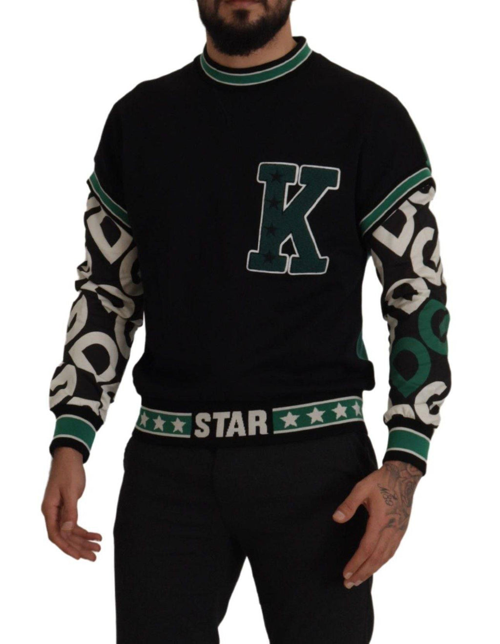 Pull en coton noir et vert Dolce & Gabbana avec motif étoile KING, col rond, style décontracté et moderne.
