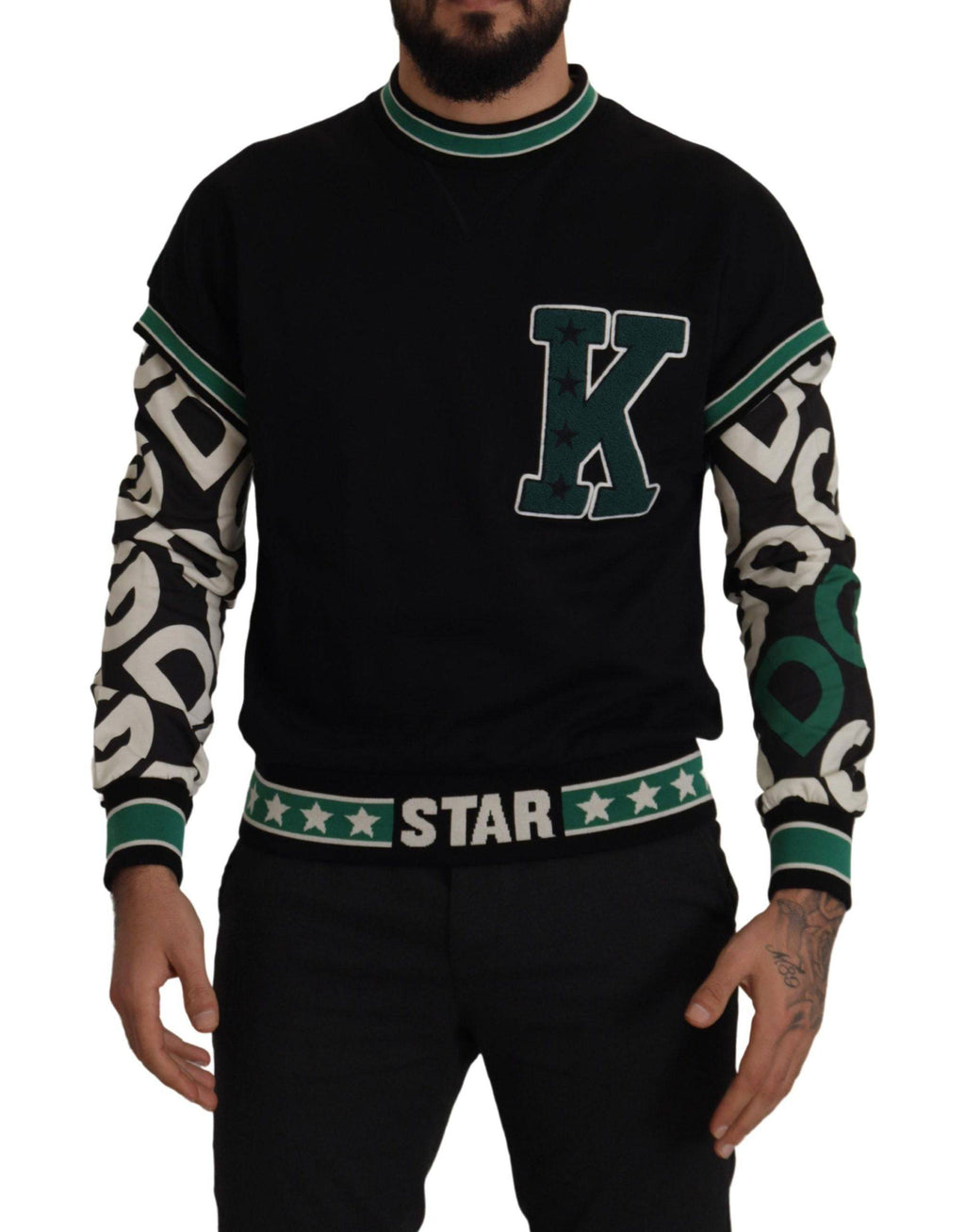 Pull à col rond Dolce & Gabbana en coton noir et vert avec motif étoile King, doux et confortable.